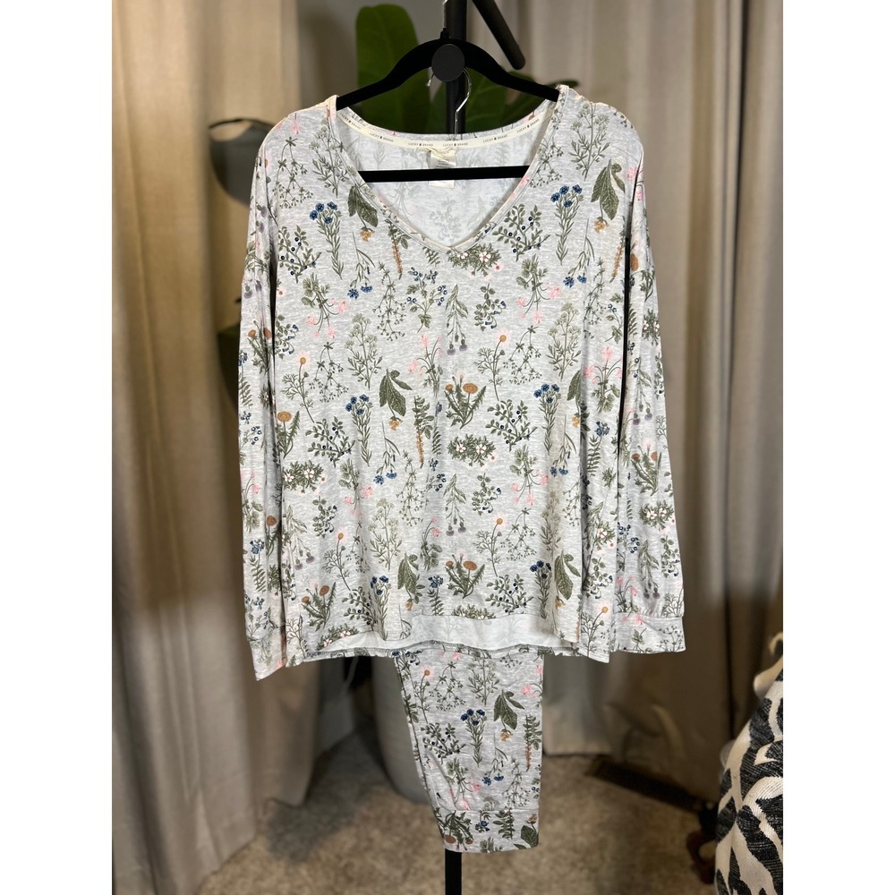 Lucky Brand Womens Gray Floral Wildflower Pajama Set Long Sleeve V-Neck Large
